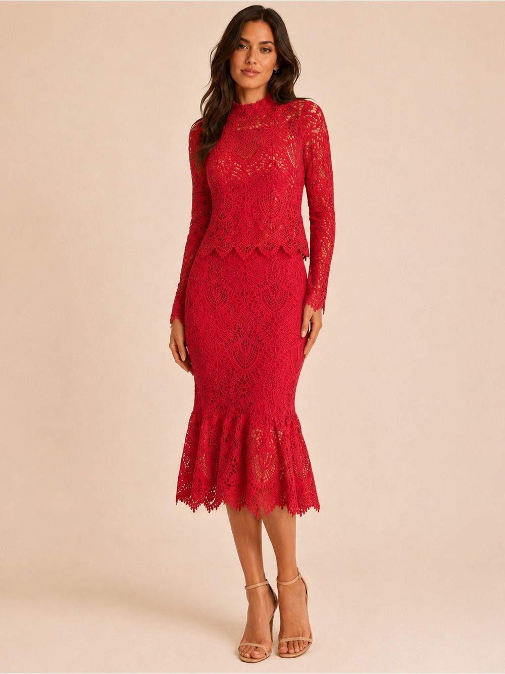 ZARA Red Guipure Crochet Lace Two Piece Top & Midi Skirt Set Size S